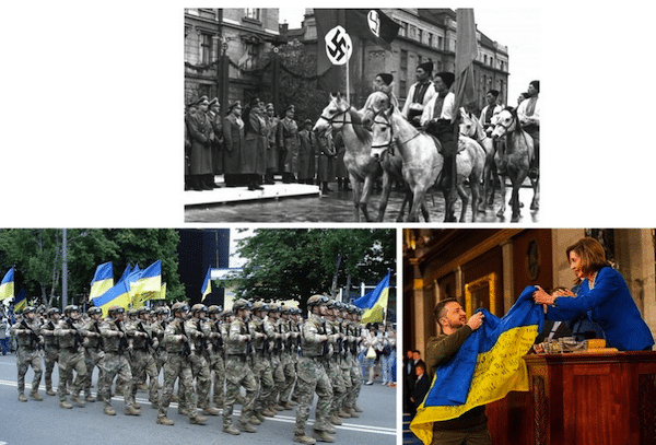 | Top Parade in Stanislav Ivano Frankivsk during the visit of Reichsleiter Hans Frank Governor of Poland 1943 Left Azov Regiment Mariupol parade 2021 Right Zelensky at the US Congress Dec 2022 Image by Wikimedia | MR Online